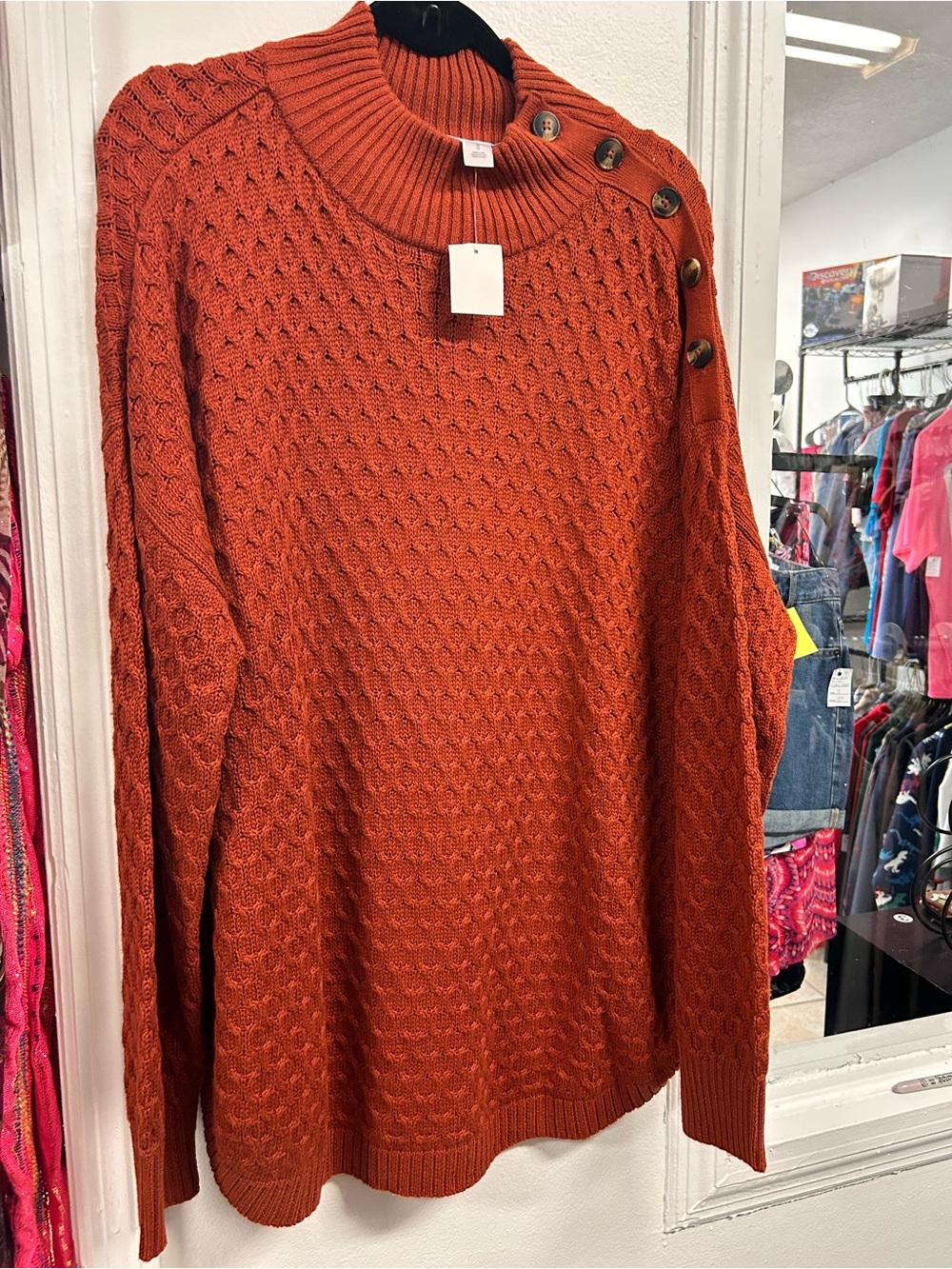 NWT Motherhood Maternity Rust Cable Knit Button Shoulder Sweater Size Large